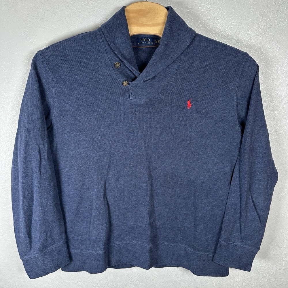 POLO RALPH LAUREN Mens Size‎ XL Blue Button Shawl Collar Pullover Sweater Cotton